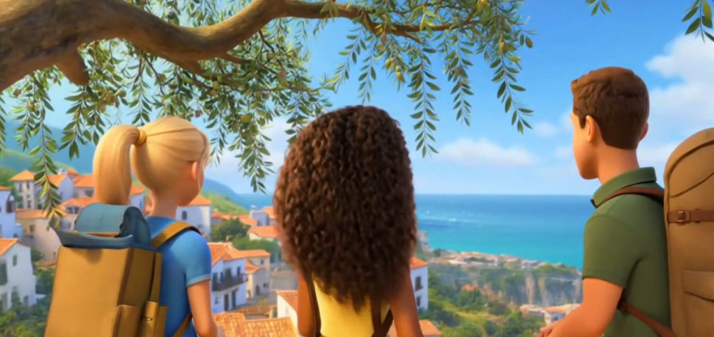 Giovani viaggiatori guardano il mare in un paesaggio mediterraneo, immagine promozionale per il progetto TO CARE MED.